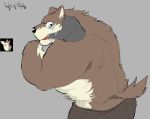  anthro bodily_fluids bottomwear brown_background brown_bottomwear brown_clothing canid canine canis clothed clothing disembodied_hand fuddyblog looking_back male mammal mouth_play saliva simple_background solo_focus tears teeth topless wolf 