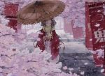  black_hair cherry_blossoms flowers gag japanese_clothes kamado_nezuko kimetsu_no_yaiba kimono kona_(konahana) long_hair petals pink_eyes stairs umbrella 