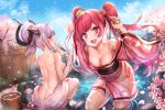  2girls ass blush cherry_blossoms clouds flowers food horns japanese_clothes no_bra nopan onsen pink_eyes pointed_ears qian_wu_atai red_eyes red_hair sky tagme_(character) the_law_of_destiny twintails waifu2x water yukata 