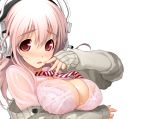  blush breast_hold breasts cleavage close headphones long_hair pink_eyes pink_hair school_uniform see_through shirt sonico super_sonico tie tsuji_santa white 