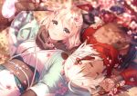  2girls cherry_blossoms dark_skin fate/grand_order fate_(series) flowers japanese_clothes okita_souji_(fate) okita_souji_alter petals rosuuri scarf short_hair sleeping watermark 