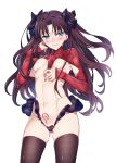  cameltoe erect_nipples fate/stay_night maebari niko_(tama) no_bra nopan skirt_lift tattoo thighhighs toosaka_rin 