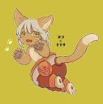  1other androgynous animal_ears blush brown_background cat_ears cat_tail embarrassed eyebrows_visible_through_hair fang full_body furry kawasemi27 looking_at_viewer made_in_abyss nanachi_(made_in_abyss) open_mouth paw_print short_hair simple_background tail whiskers white_hair yellow_eyes 