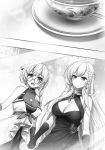  2girls azur_lane belfast_(azur_lane) blush braid breasts cleavage cleavage_cutout closed_mouth collarbone dress earrings edinburgh_(azur_lane) elbow_gloves eyebrows_visible_through_hair glasses gloves greyscale highres holding_hands jewelry large_breasts long_hair looking_away monochrome multiple_girls novel_illustration open_mouth raiou round_eyewear smile 