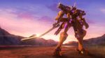  cloud commentary_request glowing glowing_eyes holding holding_sword holding_weapon lens_flare mecha mountain mountainous_horizon muvluv muvluv_alternative muvluv_total_eclipse no_humans official_art purple_eyes purple_sky standing sunrise sword takemikazuchi_(muvluv) twilight weapon 