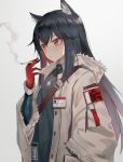 1girl absurdres animal_ears arknights bangs black_hair black_shirt cigarette closed_mouth coat commentary_request eyebrows_visible_through_hair fur-trimmed_sleeves fur_trim gloves gradient_hair grey_coat hand_in_pocket highres holding holding_cigarette id_card jewelry koi0806 long_hair long_sleeves looking_away multicolored_hair necklace open_clothes open_coat orange_eyes red_gloves red_hair shirt sidelocks smoke solo texas_(arknights) unbuttoned upper_body very_long_hair 