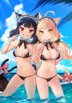  2girls absurdres ahoge animal_ears bada_(jksh5056) bare_arms bare_shoulders bikini black_bikini black_hair blonde_hair blue_sky bow bowtie breasts cat_ears cat_girl cat_tail choker cleavage cloud commission day frilled_bikini frills grin hands_up headdress highres horizon locked_arms long_hair looking_at_viewer low_twintails medium_breasts multiple_girls navel ocean original outdoors palm_leaf pink_bow red_eyes side-by-side skindentation sky smile stomach string_bikini sunlight swimsuit tail tail_bow thighs twintails v wading water yellow_eyes 