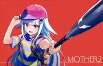  1girl arms_up backpack bag bangs baseball_bat baseball_cap blunt_bangs blush copyright_name cosplay hand_on_headwear hat highres lize_helesta long_hair mother_(game) mother_2 ness ness_(cosplay) nijisanji outstretched_arm purple_eyes red_background red_headwear sakino_shingetsu shirt short_sleeves sidelocks silver_hair simple_background solo straight_hair striped striped_shirt two-tone_shirt upper_body very_long_hair virtual_youtuber 