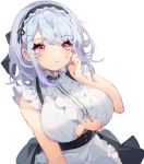  1girl apron azur_lane bangs bare_shoulders black_hairband black_skirt blush breasts center_frills closed_mouth dido_(azur_lane) eyebrows_visible_through_hair frilled_shirt frills hairband hand_on_own_cheek highres large_breasts long_hair looking_at_viewer maid pink_eyes shirt silver_hair simple_background skirt sleeveless sleeveless_shirt solo underboob underboob_cutout waist_apron white_apron white_background white_shirt you_hashira 