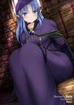  1girl arms_behind_back artist_name barred_window bound bound_torso breasts bush cape caster chain collar commission dress dungeon eyebrows_visible_through_hair fate/stay_night fate_(series) highres indoors knees_up looking_at_viewer medium_breasts ornament pointy_ears purple_dress purple_eyes purple_hair sheita sitting solo stone_wall wall 