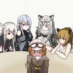  1boy 4girls animal_ears arknights artist_request blue_hair blush breasts brown_eyes brown_hair candy cleavage demon_horns dog_ears food food_in_mouth goggles goggles_on_headwear grey_eyes greyy_(arknights) hat highres horns jewelry leopard_ears lion_ears lollipop multiple_girls necklace piper_perri_surrounded pramanix_(arknights) red_eyes shining_(arknights) siege_(arknights) skadi_(arknights) tank_top white_hair 