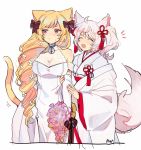  2girls ahoge animal_ears arm_grab artist_name bell blonde_hair blush bouquet breasts bride cat_ears cat_girl cat_tail choker cleavage closed_eyes dress drill_hair embarrassed flower fox_ears fox_girl fox_tail hair_flower hair_ornament howan_(show_by_rock!!) japanese_clothes jingle_bell kimono large_breasts long_hair looking_away mashima_himeko_(show_by_rock!!) multiple_girls nail_polish open_mouth pnd_pon show_by_rock!! simple_background sweatdrop tail uchikake very_long_hair wedding_dress white_background white_hair wife_and_wife yellow_eyes yuri 