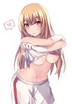  +_+ 1girl absurdres bangs blonde_hair breasts closed_mouth eyebrows_visible_through_hair gloves heart highres large_breasts long_hair looking_at_viewer navel norazura shokuhou_misaki shorts simple_background smile solo spoken_heart to_aru_kagaku_no_railgun to_aru_majutsu_no_index underboob undressing white_background white_gloves white_shorts yellow_eyes 