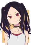  &gt;:) 1girl aki_poi bangs bare_shoulders black_choker black_hair blush choker closed_mouth collarbone commentary_request eyebrows_visible_through_hair forehead head_tilt long_hair original parted_bangs red_eyes smile solo tank_top twintails v-shaped_eyebrows white_tank_top 