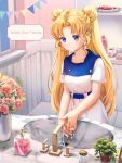  1girl alternate_costume bangs bathroom bishoujo_senshi_sailor_moon blonde_hair blue_eyes breasts collarbone commentary double_bun english_text eyebrows_visible_through_hair flower highres indoors kamui_(kamuikaoru) long_hair medium_breasts parted_bangs sailor_moon short_sleeves smile soap solo twintails washing_hands water 