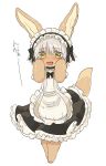  1other androgynous animal_ears apron black_bow bow embarrassed fangs full_body furry hair_bow kawasemi27 made_in_abyss maid maid_apron maid_headdress nanachi_(made_in_abyss) short_hair tail translation_request upper_teeth white_hair yellow_eyes 