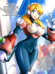  1girl :d alia_(rockman) android blonde_hair blue_eyes breasts dgrp_(minhduc12333) english_commentary english_text eyebrows_visible_through_hair gloves hairband highres large_breasts long_hair looking_at_viewer open_mouth radio_antenna rockman rockman_x smile tablet_pc waving white_gloves 