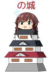  1girl anchor_symbol architecture bangs blue_eyes braid brown_hair castle east_asian_architecture eyebrows_visible_through_hair flying_sweatdrops highres kamelie kantai_collection long_hair noshiro_(kantai_collection) pun simple_background smile solo sweatdrop swept_bangs translation_request twin_braids white_background 