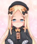  +_+ 1girl abigail_williams_(fate/grand_order) absurdres april_fools bangs black_bow black_dress black_headwear blonde_hair blue_eyes blush bow closed_mouth commentary_request dress eyebrows_visible_through_hair fate/grand_order fate_(series) forehead hair_bow hat highres holding long_hair long_sleeves looking_at_viewer nose_blush orange_bow parted_bangs pink_background polka_dot polka_dot_bow shimokirin sleeves_past_fingers sleeves_past_wrists smile solo sparkle translation_request upper_body very_long_hair 