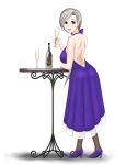  1girl alcohol alternate_costume ass back backless_dress backless_outfit breasts champagne champagne_bottle champagne_flute chitose_(kantai_collection) cocktail_dress cup dress drinking_glass evening_gown formal from_behind full_body grey_eyes grey_hair hair_over_shoulder hair_ribbon halterneck high_heels highres kantai_collection large_breasts looking_at_viewer looking_back pantyhose purple_dress purple_nails ribbon sideboob sleeveless smile solo table transparent_background 
