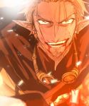  1boy blonde_hair blood blood_from_mouth earrings facial_hair goggles goggles_around_neck haimusan jewelry male_focus open_mouth outdoors pixiv_fantasia pixiv_fantasia_age_of_starlight pointy_ears robe solo trade_king_farid upper_body 