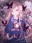  1girl abigail_williams_(fate/grand_order) bangs black_bow black_dress blonde_hair blue_flower bow bug butterfly commentary_request dress eyebrows_visible_through_hair fate/grand_order fate_(series) floral_background flower followers forehead hair_bow insect kinom_(sculpturesky) long_hair long_sleeves looking_at_viewer no_hat no_headwear object_hug orange_bow parted_bangs parted_lips polka_dot polka_dot_bow purple_eyes sleeves_past_fingers sleeves_past_wrists solo stuffed_animal stuffed_toy teddy_bear thank_you upper_body very_long_hair white_flower yellow_flower 