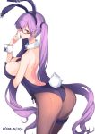  1girl absurdres animal_ears ass back bangs between_breasts breasts bunny_ears bunny_tail bunnysuit detached_collar fishnet_legwear fishnets highres isao long_hair looking_at_viewer necktie necktie_between_breasts original pantyhose parted_lips purple_hair red_eyes simple_background solo tail thigh_strap twintails very_long_hair white_background wrist_cuffs 