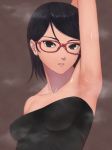  1girl absurdres arm_up armpits bangs bare_shoulders black_dress black_eyes black_hair boruto:_naruto_next_generations breasts brown_background collarbone commentary dress glasses highres looking_at_viewer miru_(wvjc7832) naruto_(series) parted_lips red-framed_eyewear short_hair simple_background sleeveless sleeveless_dress small_breasts solo strapless strapless_dress sweat uchiha_sarada 