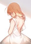  1girl ahoge artoria_pendragon_(all) bare_arms bare_shoulders blonde_hair closed_eyes commentary dress fate/grand_order fate_(series) from_behind hand_on_shoulder highres kamiowl long_hair saber simple_background sleeveless sleeveless_dress solo white_background white_dress zipper 