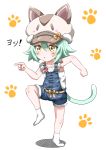  1girl animal_ears animal_hat blouse cacao_(nekopara) cat_ears cat_hat cat_tail commentary_request eggman_(pixiv28975023) genba_neko green_hair hat looking_to_the_side nekopara overall_shorts parody paw_print pointing short_hair simple_background socks solo standing standing_on_one_leg tail white_background white_blouse white_legwear yellow_eyes 