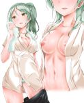  1girl :d alternate_hairstyle aqua_hair areola_slip areolae bang_dream! bangs black_skirt blush breasts cleavage collarbone commentary_request cowboy_shot eyebrows_visible_through_hair green_eyes green_panties groin hair_between_eyes highres hikawa_sayo holding holding_towel long_hair looking_at_viewer medium_breasts multiple_views navel oden70_(omekoken) open_clothes open_mouth open_shirt panties pantyshot pantyshot_(standing) shirt short_sleeves side_ponytail sidelocks simple_background skirt skirt_pull smile standing stomach swept_bangs towel towel_around_neck underwear wet white_background 