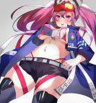  1girl :p aa44 azur_lane bangs belt bikini bikini_under_clothes black_shorts blue_jacket blue_legwear blush breasts bremerton_(azur_lane) commentary cowboy_shot crop_top crop_top_overhang cropped_jacket cutoffs ear_piercing eyebrows_visible_through_hair eyewear_on_head front-tie_bikini front-tie_top grey_background grey_belt grey_hair hair_between_eyes hair_intakes hair_ornament hand_on_hip jacket large_breasts long_hair long_sleeves looking_at_viewer midriff multicolored_hair navel navel_piercing number open_clothes open_jacket piercing pink_bikini pink_eyes pink_hair red-tinted_eyewear shirt short_shorts shorts side-tie_bikini sidelocks simple_background smile snap-fit_buckle solo standing streaked_hair sunglasses swimsuit thigh_strap thighhighs tongue tongue_out twintails two-tone_hair underboob 