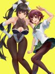  2girls arm_up ass_visible_through_thighs azur_lane black_hair black_legwear blush bow breasts brown_eyes brown_hair cleavage_cutout commentary_request covered_navel crossover detached_sleeves elbow_gloves eyebrows_visible_through_hair gloves green_sailor_collar green_serafuku green_skirt hair_between_eyes hair_bow hair_flaps hair_ornament hand_on_hip highres kantai_collection large_breasts leotard long_hair looking_at_viewer multiple_girls mutsuki_(kantai_collection) open_mouth pantyhose pleated_skirt ponytail race_queen remodel_(kantai_collection) sailor_collar school_uniform serafuku short_hair simple_background skin_tight skirt small_breasts smile takao_(azur_lane) tarou_(user_tpmh7442) thighs very_long_hair white_bow white_gloves yellow_background 