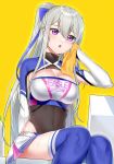  1girl :o armpit_crease armpit_cutout azur_lane bangs blue_legwear blush bottle bow braid breasts casablanca_(azur_lane) casablanca_(cheer_squad_on_break)_(azur_lane) cheerleader cleavage commentary covered_collarbone covered_navel cowboy_shot crop_top drying eyebrows_visible_through_hair groin hair_between_eyes hair_bow hand_up highres holding holding_towel large_breasts leotard_under_clothes long_hair long_sleeves looking_at_viewer midriff miniskirt pleated_skirt ponytail purple_bow purple_eyes ribbed_legwear sidelocks silver_hair simple_background sitting skirt solo suzuharu_toufu sweat taut_clothes thighhighs towel two-tone_skirt very_long_hair water_bottle white_skirt yellow_background zettai_ryouiki 