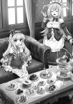  2girls azur_lane blush breasts cleavage closed_eyes couch cup curtains eyebrows_visible_through_hair facing_another food greyscale hairband highres indoors large_breasts long_hair looking_away monochrome multiple_girls neptune_(azur_lane) novel_illustration open_mouth queen_elizabeth_(azur_lane) raiou sitting smile standing sweatdrop table tea teacup teapot thighhighs window 