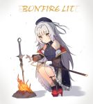  1girl azur_lane black_headwear blush bonfire brown_eyes closed_mouth dark_souls gloves grey_hair hat high_heels holding holding_sword holding_weapon kaki_tsubata long_hair looking_away red_footwear sheath sheathed solo souls_(from_software) squatting sword very_long_hair weapon white_gloves z46_(azur_lane) 