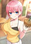  1girl :q absurdres bangs blue_eyes blurry blurry_background blush bracelet breasts cleavage closed_mouth coffee coffee_cup collarbone commentary_request cup depth_of_field disposable_cup drinking_straw earrings eyebrows_visible_through_hair glint go-toubun_no_hanayome hair_between_eyes hand_on_hip hand_up highres holding holding_cup jewelry long_sleeves looking_at_viewer medium_breasts nakano_ichika pants pink_hair short_hair single_sleeve smile solo standing sweater tongue tongue_out white_pants yellow_sweater yukiunag1 