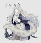  1girl absurdres animal_ears aqua_eyes arknights bell black_cloak braid cloak commentary_request cubies_(tiger_205) grey_background grey_hair hands_together headpiece highres interlocked_fingers jewelry kneeling leopard_ears leopard_tail long_hair necklace open_mouth pramanix_(arknights) simple_background solo tail toy_mouse turtleneck twin_braids very_long_hair 