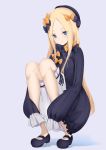 1girl abigail_williams_(fate/grand_order) bangs black_bow black_dress black_headwear blonde_hair blue_eyes blush bow breasts dress fate/grand_order fate_(series) forehead hair_bow highres long_hair looking_at_viewer multiple_bows orange_bow parted_bangs polka_dot polka_dot_bow rihyaruto_bafuman sleeves_past_fingers sleeves_past_wrists solo white_bloomers 