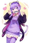  1girl :3 ai_kusunoki animal_ears bangs bow bunny_ears cat_ears cat_tail commentary cowboy_shot double_v dress fake_animal_ears fish hair_bow heart jacket kemonomimi_mode looking_at_viewer low_twintails mouth_hold pink_bow purple_dress purple_eyes purple_hair purple_jacket purple_legwear short_dress short_hair_with_long_locks simple_background sleeveless sleeveless_dress solo tail thighhighs twintails v voiceroid white_background yuzuki_yukari 