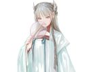  1girl bangs braid chinese_clothes fan fkey grey_hair hanfu long_hair looking_at_viewer original purple_eyes simple_background white_background 