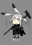  1girl :d absurdres animal_ears arknights bangs black_footwear black_jacket black_shirt black_skirt blush_stickers bunny_ears character_name chibi commentary_request eyebrows_visible_through_hair full_body hammer highres holding holding_hammer holding_weapon jacket long_hair open_clothes open_jacket open_mouth over_shoulder sakusyo savage_(arknights) shirt shoes sidelocks silver_hair skirt smile solo standing striped translation_request twintails vertical-striped_skirt vertical_stripes weapon weapon_over_shoulder |_| 