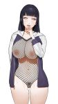  1girl absurdres bangs blue_hair bodysuit breasts fishnet_bodysuit fishnets highres huge_breasts hyuuga_hinata long_hair looking_at_viewer naruto naruto_(series) naruto_shippuuden navel nipples pubic_hair pussy_juice simple_background sohn_woohyoung solo sweat white_background white_eyes wide_hips 