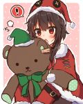  ! 1girl absurdres black_hair hat highres kono_subarashii_sekai_ni_shukufuku_wo! megumin patterned_background red_eyes santa_costume santa_hat short_hair spoken_exclamation_mark stuffed_animal stuffed_toy teddy_bear translated yuno_(suke_yuno) 