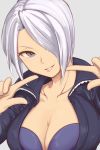  1girl angel_(kof) blue_eyes breasts cleavage fingerless_gloves gloves hair_over_one_eye jacket large_breasts looking_at_viewer pet_shop_jojo short_hair simple_background smile solo the_king_of_fighters white_hair 