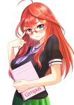  &gt;:) 1girl absurdres adjusting_eyewear ahoge black_shirt blue_eyes blush eyebrows_visible_through_hair go-toubun_no_hanayome green_skirt hair_ornament highres holding_notebook long_hair looking_at_viewer nakano_itsuki neckerchief notebook red-framed_eyewear red_hair rei_(ilust9999) sailor_collar shirt short_sleeves simple_background skirt solo star star_hair_ornament white_background white_neckwear white_sailor_collar 