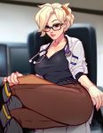 1girl alternate_costume alternate_hair_length alternate_hairstyle bespectacled black-framed_eyewear blonde_hair blue_eyes blushy-pixy boots breasts brown_pants chair cleavage clipboard collarbone commentary crossed_legs dr._ziegler_(overwatch) english_commentary eyeshadow folded_ponytail glasses hair_ornament hair_over_one_eye hairclip knee_boots knee_pads labcoat large_breasts legs lips long_legs looking_down makeup mercy_(overwatch) name_tag office_chair overwatch pants semi-rimless_eyewear short_hair sitting sleeves_rolled_up solo stethoscope thighs under-rim_eyewear v-neck 