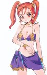  1girl bikini bikini_top breasts cleavage closed_mouth dragon_quest dragon_quest_viii earrings jessica_albert jewelry large_breasts looking_at_viewer orange_hair sarong shima_moto simple_background smile solo swimsuit twintails white_background 