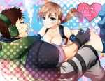  1boy 1girl blue_eyes blush breasts brown_hair chris_redfield cleavage gloves happy_valentine jill_valentine large_breasts long_hair nagare open_mouth resident_evil resident_evil_revelations smile swimsuit 