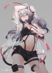  1girl absurdres animal_ears arknights arm_up artist_name bangs belt black_belt black_shorts cat_ears cat_tail chinese_commentary commentary_request cowboy_shot crop_top eyebrows_visible_through_hair grey_background grey_hair hair_between_eyes highres jacket long_hair long_sleeves looking_at_viewer midriff navel open_clothes open_jacket pouch schwarz_(arknights) see-through short_shorts shorts signature simple_background solo sports_bra standing stomach tail thighs wingure yellow_eyes 